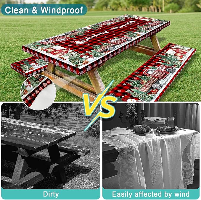 Christmas Picnic Table Cover with Bench Covers and Bag, Camping Essentials, Red Plaid Xmas Waterproof Windproof, Fitted Tablecloth Cover with Elastic Edge, for Indoor & Outdoor, 3 PCS, 30x60 Inch