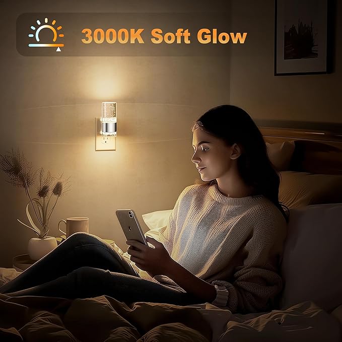 JandCase Night Light, Night Lights Plug into Wall,2 Pack 3000K Warm White LED Nightlight with Adjustable Brightness, Automatic Night Light Plug in with Light Sensor for Bathroom Hallway Room Decor
