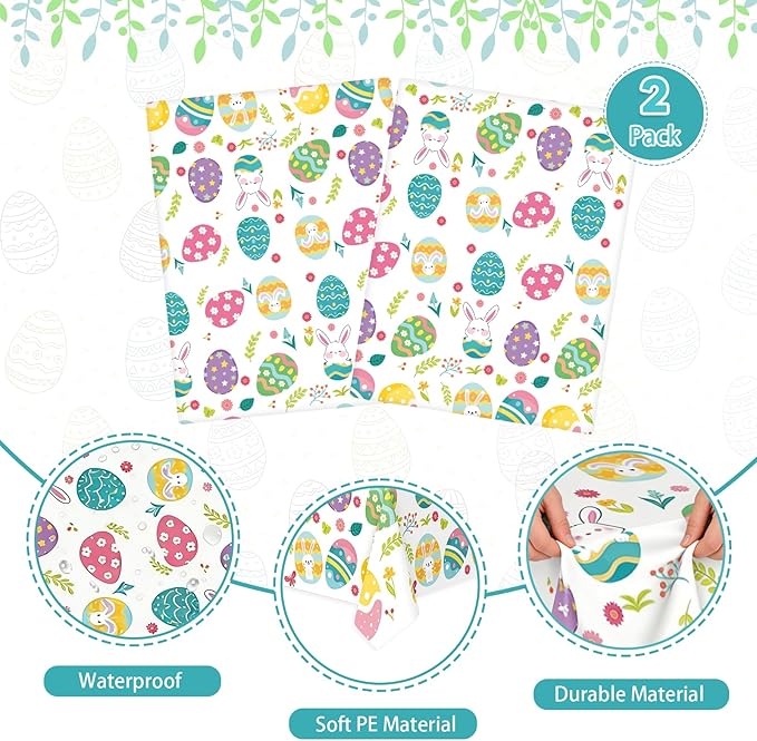 Easter Tablecloths Decorations - 2-Piece Colorful Easter Egg Tablecloths, Disposable Plastic Tablecloths, 54 inches x 108 inches, Perfect for Spring Decorations and Easter Party Supplies