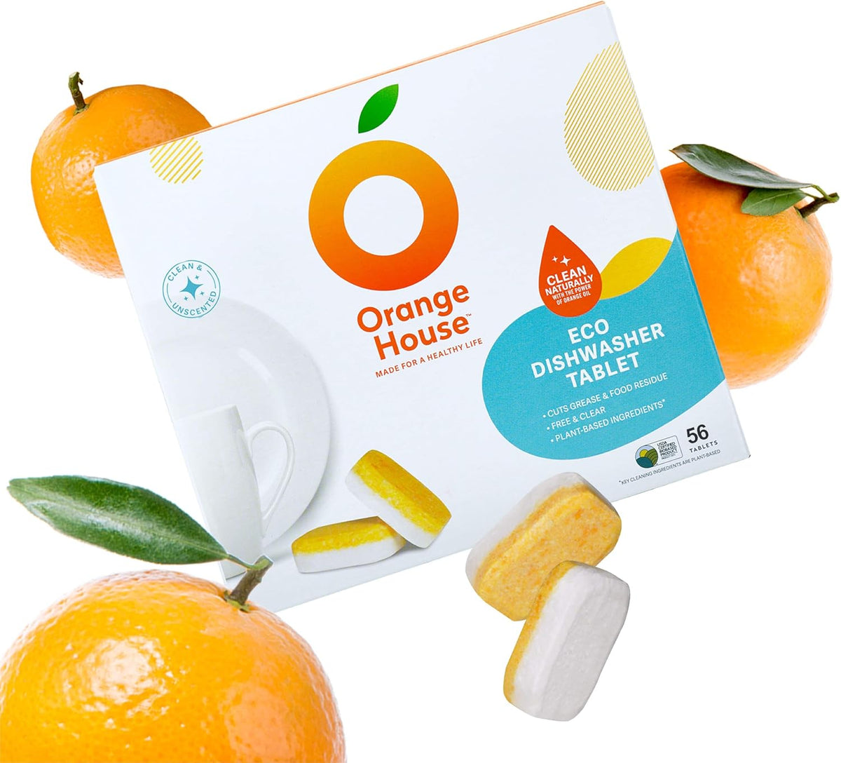 Orange House Plant Based Dishwasher Tabs 56 Count | 100% Food Grade Orange Oil, Deep Clean, Eco-Friendly, No Synthetic Fragrance, No Harmful Chemical, Paper Packaging