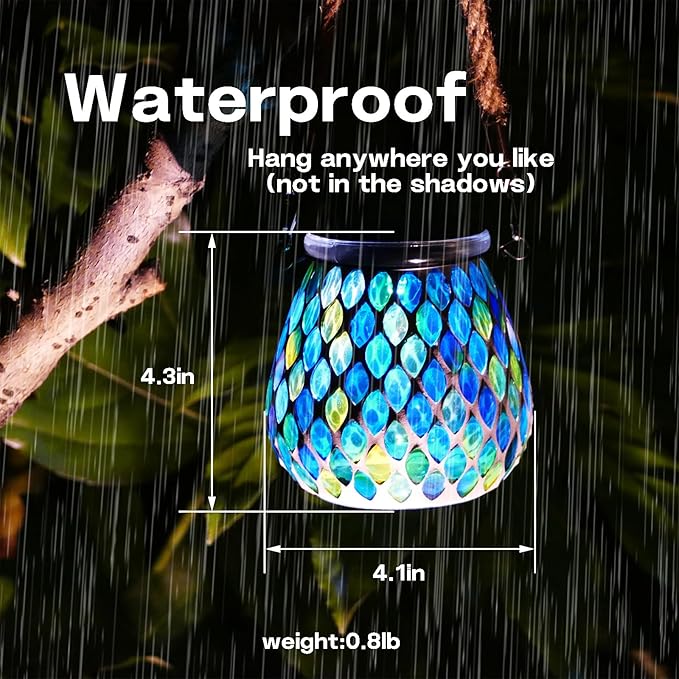 2 Pack Mosaic Blue Solar Lanterns, Outdoor Glass Hanging Lights, Waterproof, Solar Table Lamps, Christmas Gifts for Women Mom Grandma, Night Lights, Decoration for Garden, Patio, Yard, Outdoor Decor