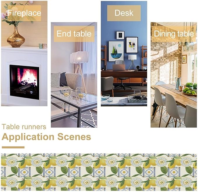 Tiles Lemon Table Runner, Watercolor Italian Tile Floral Plant Print Table Runner for Farmhouse Coffee Home Kitchen Dining Outdoor Party 13x60in