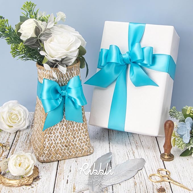 Ribbli Turquoise Blue Double Faced Satin Ribbon,1-1/2” x Continuous 25 Yards,Use for Bows Bouquet,Gift Wrapping,Wedding Decoration