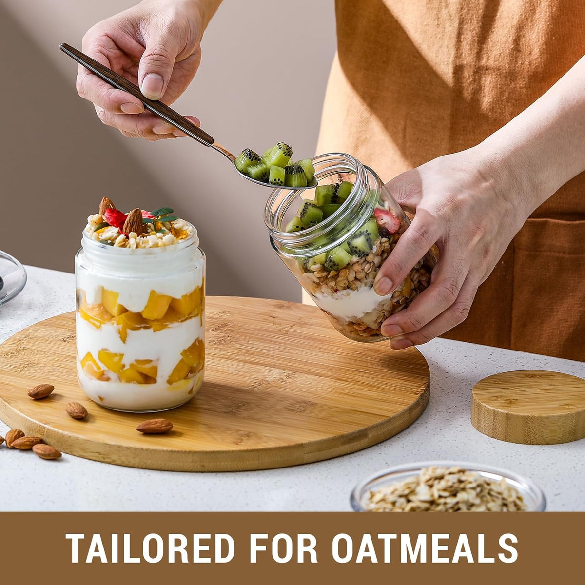 Netany 6-pack 16oz Glass jars with Airtight Lids, Overnight Oats Containers with Bamboo Lids, Wide mouth Mason Salad jars