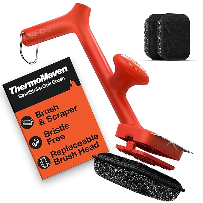 ThermoMaven BBQ Grill Brush Bristle Free - 17" Safe Steam Grill Cleaner Brush with Scraper and 3 Brush Heads for Porcelain/Gas/Charcoal Grill Outdoor Grill Barbecue Cleaner