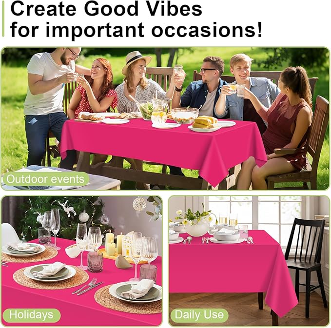 QIKSION Hot Pink Plastic Table Cloth Disposable 2 Pack, 54 x 108 Inch Tablecloths for Birthday Party, Valentines, Mothers Day Decorations, Rectangle Table Cover