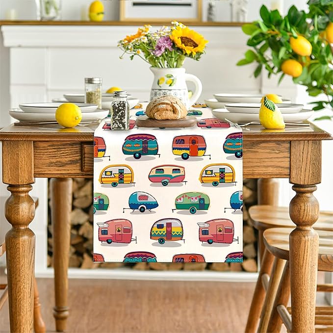 Camping Table Runner Picnic Table Cover Happy Camper Party Decor Camping Party Decorations for Spring Summer