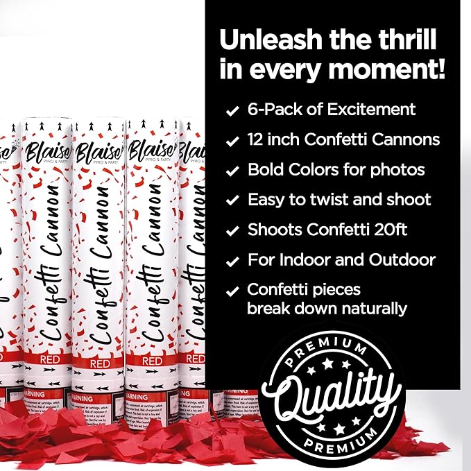 Blaise Pyro & Party Red Confetti Poppers - Easy to Use Paper Confetti Poppers for Weddings, Birthdays, Anniversaries & More - Colorful Confetti Cannon for Memorable Photos - 6 Pack, 12 Inch