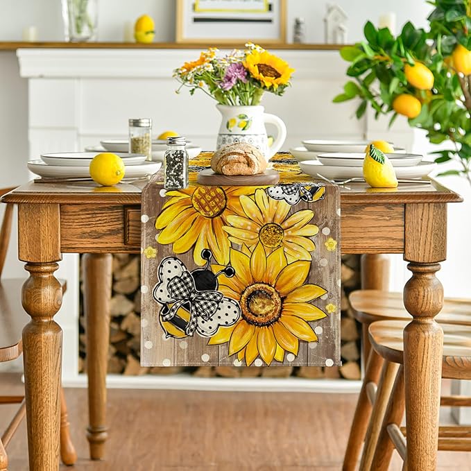 Artoid Mode Wood Sunflower Bee Flower Polka Dot Summer Table Runner, Seasonal Kitchen Dining Table Decoration for Home Party Decor 13x48 Inch