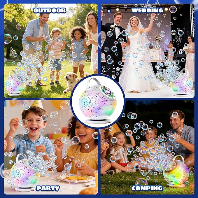 Rechargeable Bubble Machine - Auto 90°/360° Rotation, Remote Control and 7 Colors RGB LED Light, Bubbles Maker Toys for Kids, Bubbles for Wedding Parties, Easter Birthday and Xmas Gift for Boys Girls