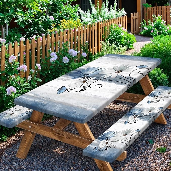 Rustic Farmhouse Blue Flower Picnic Table Cover with Bench Covers, Waterproof Blue Daisy Floral Flowers Butterfly on Country Wooden for Camping Indoor Outdoor Party Decorations, 30X96in
