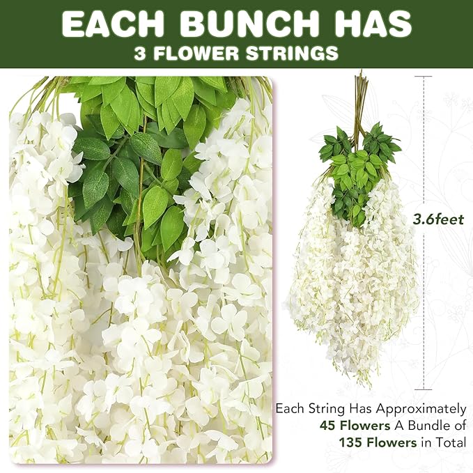 Alotiki Wisteria Hanging Flowers,108 Pack Fake Hanging Flowers,Wisteria Artificiales Garland for Home Wedding Arch Floral Party Garden Ceremony Outdoor Decor,3.6 Feet Long(108,White)