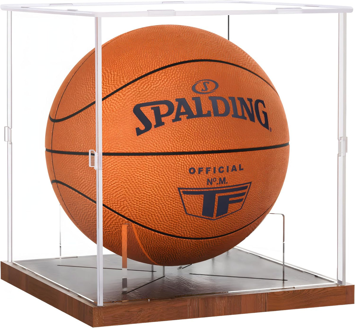 Basketball Display Case Acrylic Clear, UV Protected Basketball Stand Box Full Size with Solid Wood Base