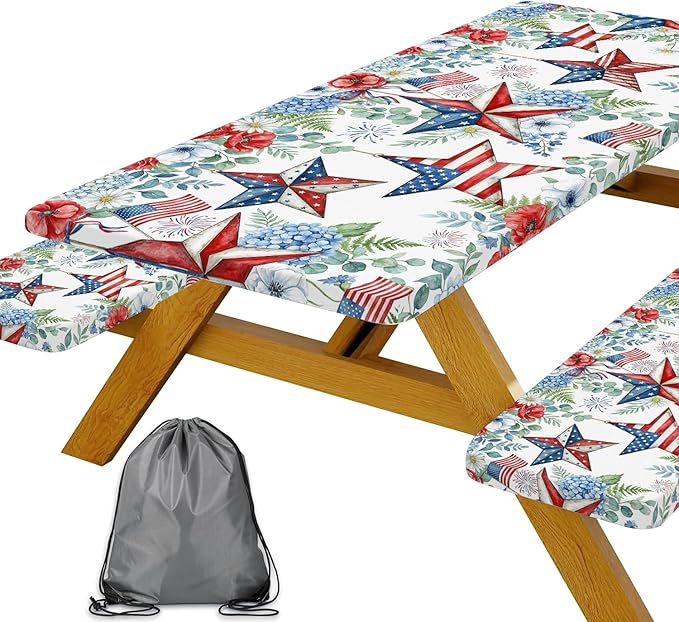 JAWO Patriotic Picnic Table Cover - 4th of July Fitted Tablecloth with Elastic Edge,Red White Blue Star Floral Design for Outdoor Camping, BBQ, Independence Day Party Decor, 60x30 Inch
