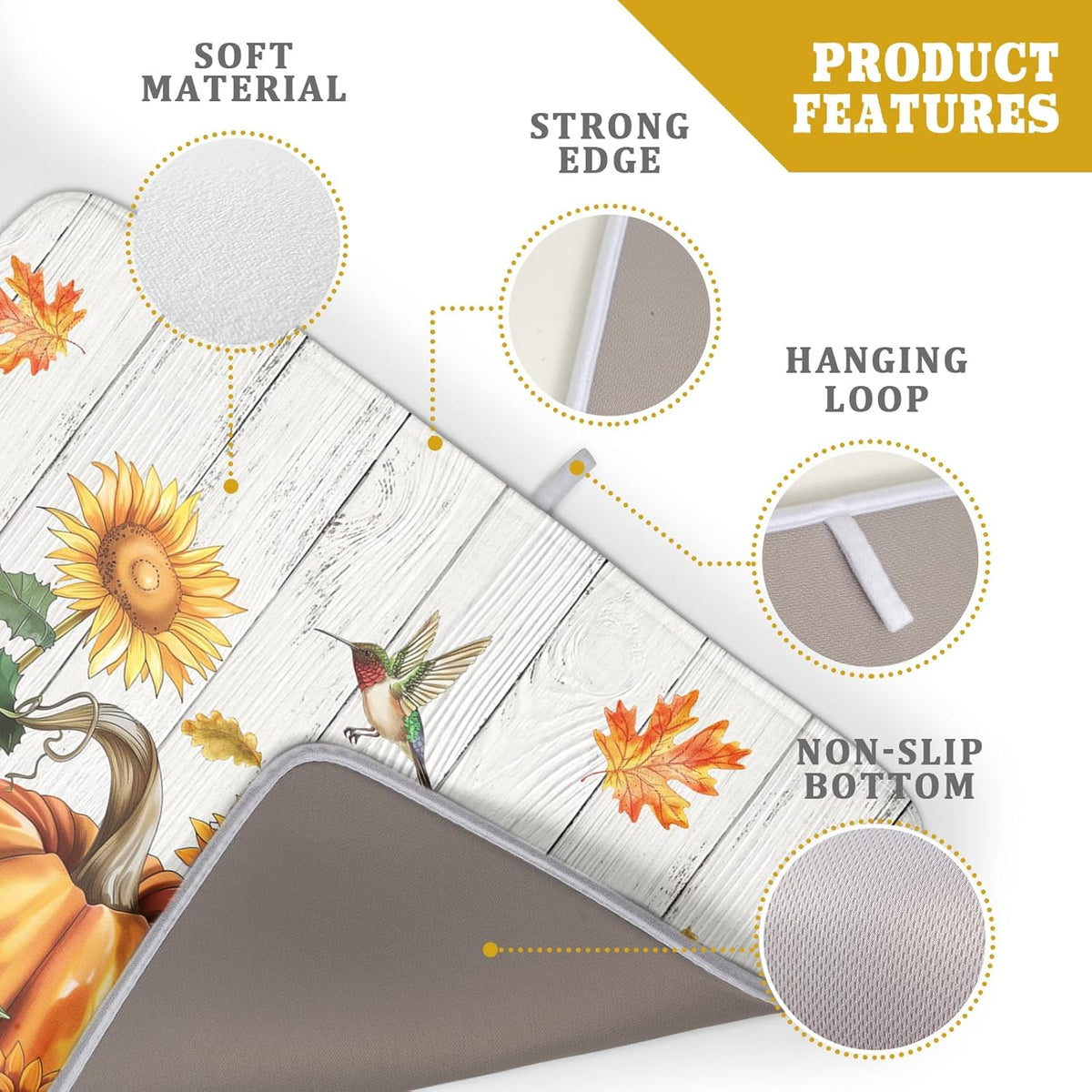 Autumn Harvest Pumpkin Dish Drying Mat for Kitchen Counter Sunflower Maple Leaves Fall Dish Drying Mat 18”x24” Thanksgiving Dishes Pad Dish Drainer
