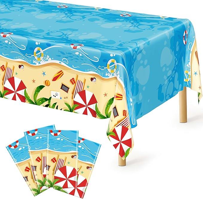 4Pcs Summer Beach Tablecloth, 54 x 108 Inch Pool Summer Tablecloth Beach Party Decorations, Disposable Plastic Beach Table Cloth, Hawaiian Table Cloth for Summer Tropical Birthday Party Decorations