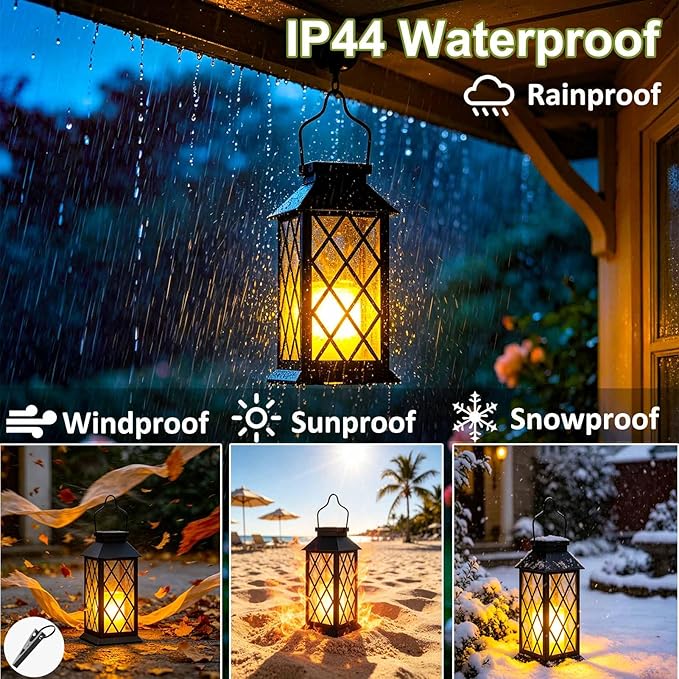 Solar Lanterns Outdoor Waterproof, Flickering Candles Hanging Solar Lights for Outside Garden Patio Wall Porch Decorative, Lamp with Upgraded Solar Panel, Tempered Glass & Clip, Black 2 Pack