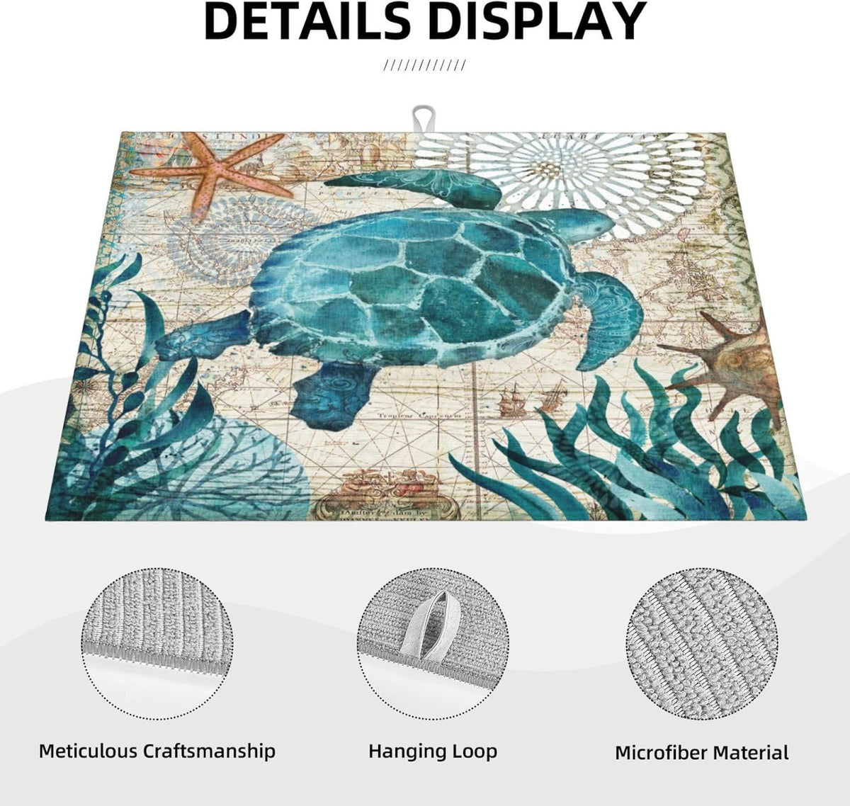 Ocean Sea Turtle Dish Drying Mat for Kitchen Counter 18x24 in, Retro Map Microfiber Drying Mats Absorbent Reversible Dish Pad Large Dish Draining Mat