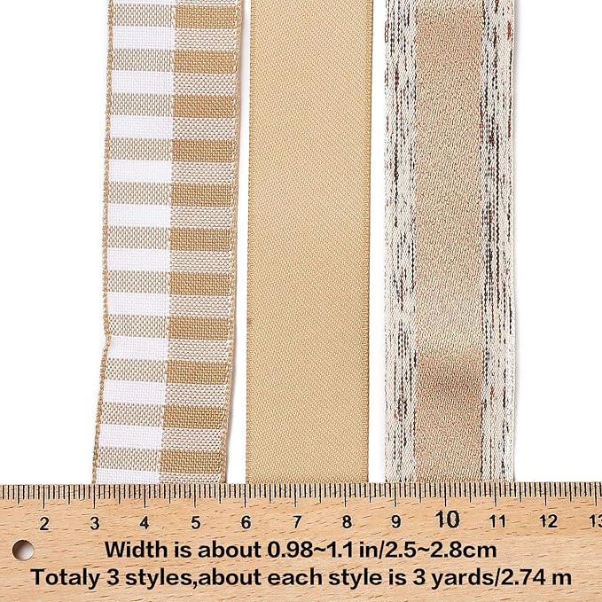BEEFLYING 3 Styles Ginger Wire Edged Ribbons for Gift Wrapping, 25~28mm×2.7m Satin Ribbons for Wedding Party Decoration Hair Bows Flower Designs Sewing and Craft, 9 Yards