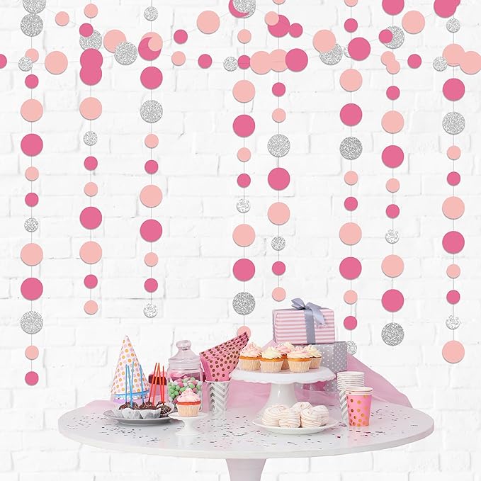 Cheerland Pink Galentine Garland Hanging Decorations Hanging Silver Hot Pink Valentines Polka Dot Streamer for Girls Bachelorette Bridal Shower Pinkmas Birthday Wedding Engagement Backrop Pack of 4
