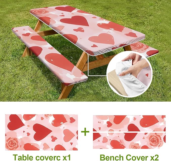 Hearts Picnic Table Cover with Bench Covers Set of 3-Pink Background with Roses,Elastic Fitted Tablecloth for 6 Ft Tables, Washable Polyester Cover for Valentines Day Camping, Indoor & Outdoor