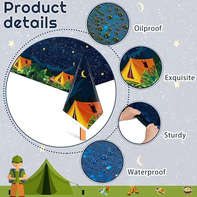 Chinco 3 Pieces Camping Tablecloth Campfire Camp Party Decorations Waterproof Plastic Rectangular Table Cover for Picnic Hiking Adventure Birthday Party Supplies