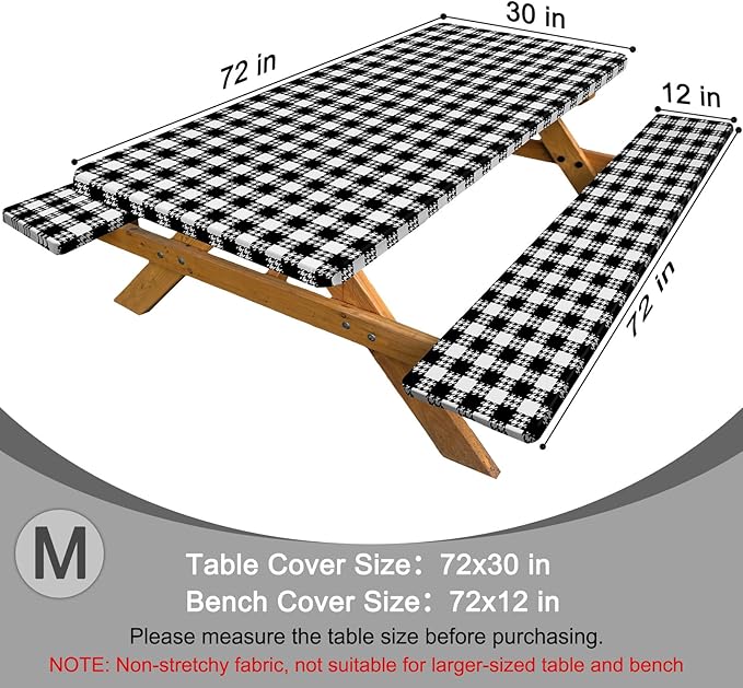 Picnic Table Cover with Bench Covers Windproof Waterproof Picnic Table Covers Camping Tablecloth with Self-Storage Bag, 72in, Black White