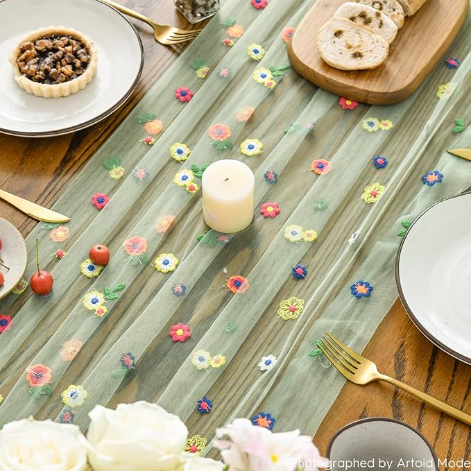 Artoid Mode 3PCS Sage Green Embroidery Daisy Gauze Table Runner 120 Inch 10FT, Seasonal Sheer Dining Holiday Wedding Birthday Table Decor for Home Party