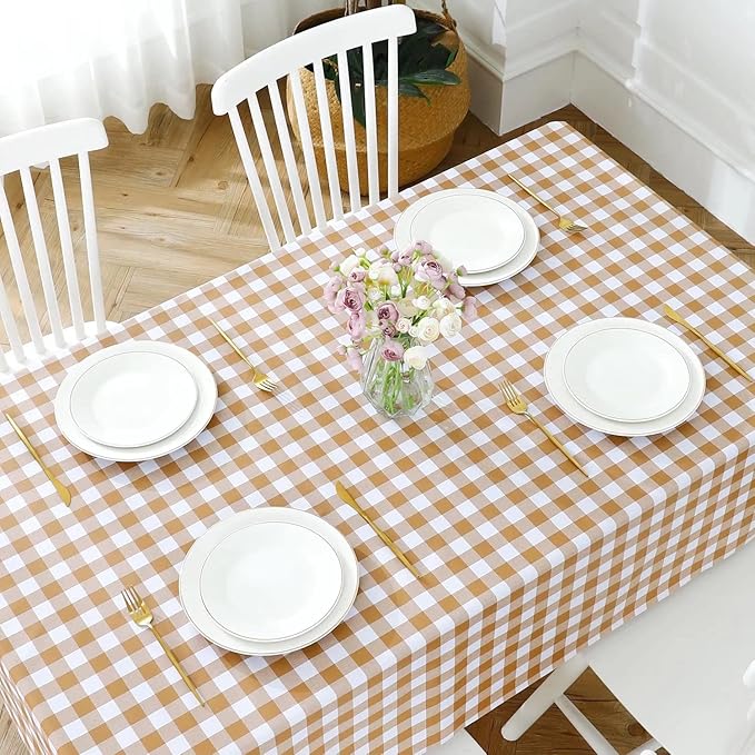 Romanstile Square Vinyl Tablecloth, 100% Waterproof Buffalo Gingham Plastic Table Cloth, Heavy Duty Wipeable Checkered Table Covers for Outdoor, Camping, Picnic, Patio - 54 x 54, Coffee and White