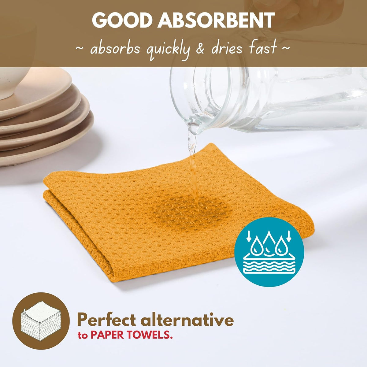 Native Fab Cotton Kitchen Towel with Hanging Loop 16x26 inches, 6-Pack, Waffle Weave Kitchen Towels for Cleaning Drying