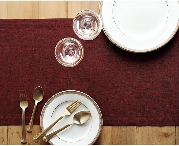 Solino Home Linen Table Runner 144 Inches Long - Athena, 100% Pure Linen Red Garnet Dining Table Runner 14 x 144 Inch for Valentines