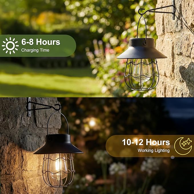 Livinlarge Hanging Solar Lanterns Waterproof,2 Pack Outdoor Metal Solar Lights with Wall Hooks Windproof Hook,Retro Solar Lantern Auto On/Off for Yard Garden Pathway Patio Porch Decor (Black)