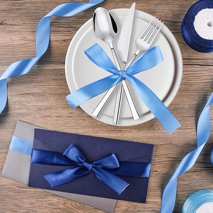 ASTARON Blue Satin Ribbon for Wedding Bouquet DIY Crafts 1 Inch, Solid Color Fabric Ribbon for Gift Wrapping Christmas Gift Bows Hair Bows Silk Ribbon for Bouquets Baby Shower Decor