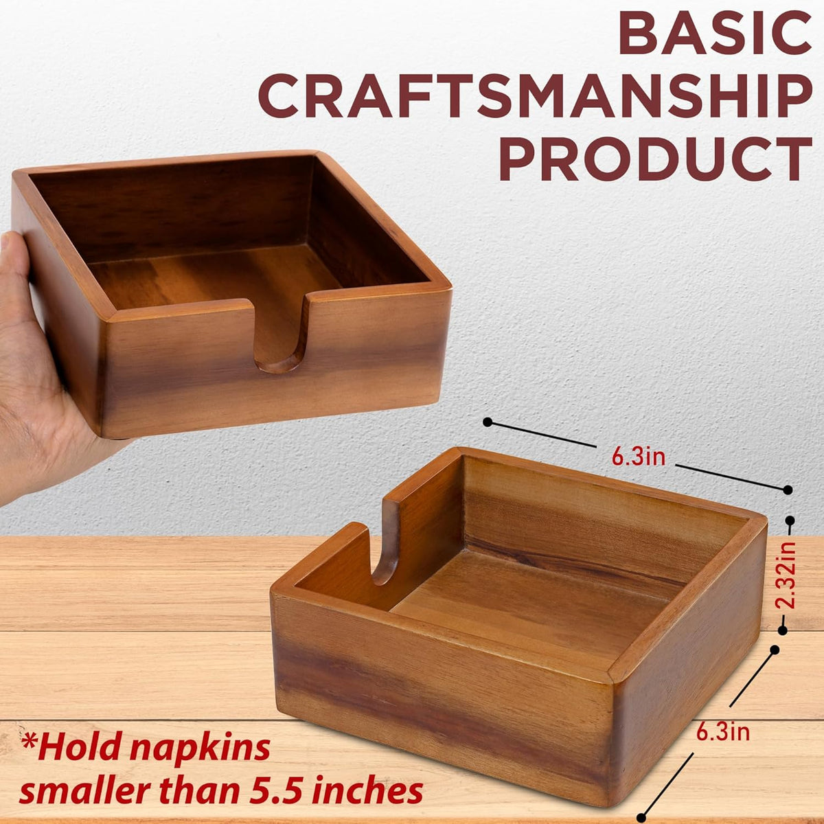 Acacia Cocktail Paper Napkin Holder Square 5.4x5.4 inches, Wood Flat Napkin Tray, Cocktail Napkin Caddy For Kitchen Décor