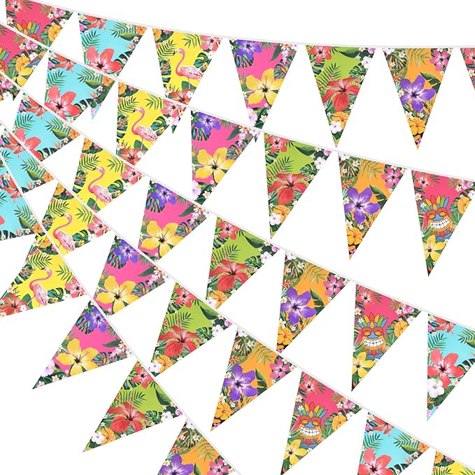 jijAcraft 4 Pack Hawaiian Bunting Banners - Pre-strung Tropical Flowers Triangle Pennant Banner with Flamingo, Floral Luau Party Decor for Hawaiian Tropical Pool Summer Tiki Beach Aloha Party Decor