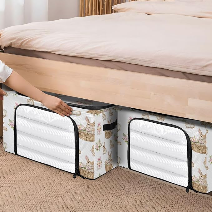 senya Watercolor Easter Rabbit Pattern Clothes Storage Bins with Clear Window Happy Easter Foldable Storage Bag with Lids