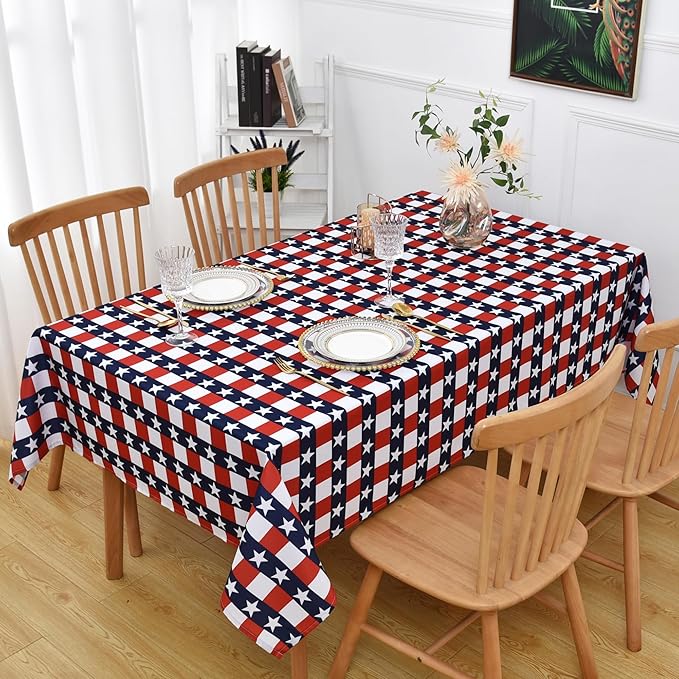 USA Gingham Patriotic Tablecloth Fabric - Rectangular 58x102 Inch Water Resistant Checked Table Cloth for Indoor/Outdoor Use - Table Cover for Kitchen, Picnics, Gardens, and Parties