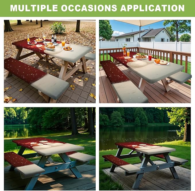 ANNA QUEEN 6FT Christmas Snowman Picnic Table Cover with Bench Covers Picnic Table Cover Set 3PCS 72"x30", Outdoor Bench and Tablecloth Furniture Protection for Camping