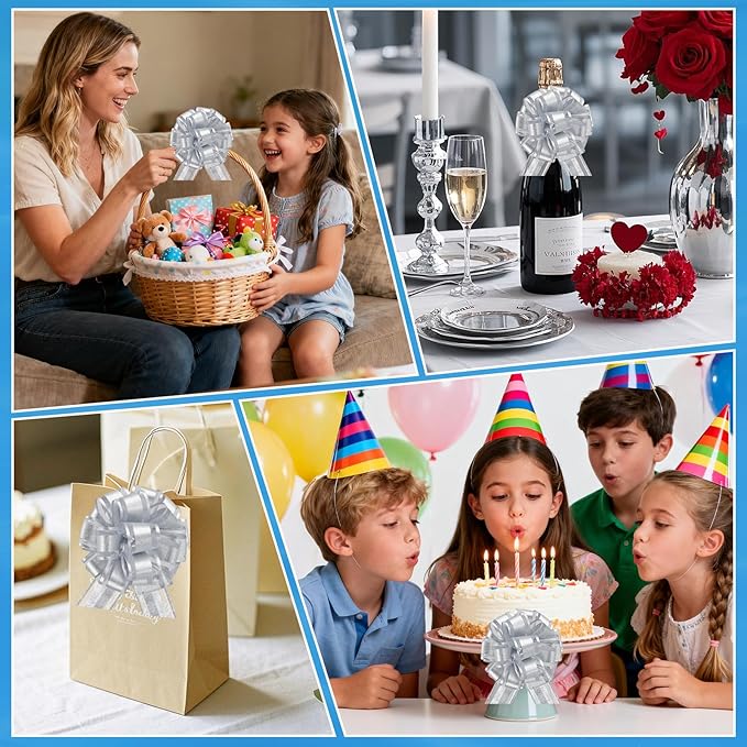 24pcs Silver Pull Bow for Gift Basket Wrapping Xmas Gift Bows Presents Adhesive Wrap Ribbon Bow for Christmas Tree Bottles Bouquet Flower Valentine's Day Party Decor (Silver-G)