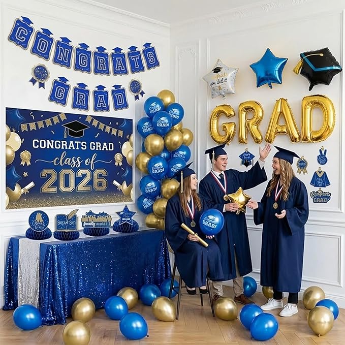 2026 Graduation Decorations Royal Blue and Gold - Congrats Grad Banner Backdrop, Hanging Swirls, Honeycomb Centerpieces & Balloons - Class of 2026 Party Supplies Set
