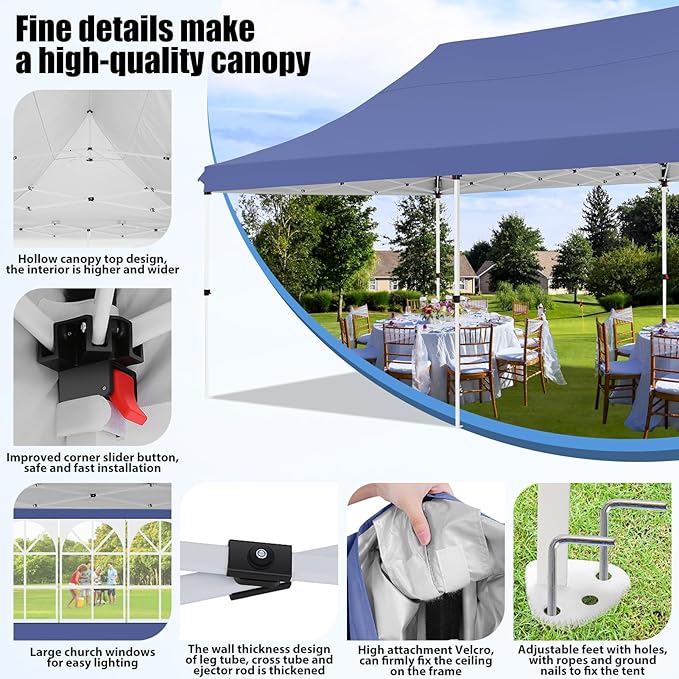 COBIZI Canopy 10x20 Pop Up Canopy Tent with Sidewalls, Waterproof Commercial Canopy Ez Outdoor Instant Gazebo UV Protection 50+ Event Shelter, Garden Tents for Parties with Sandbags, Navy Blue