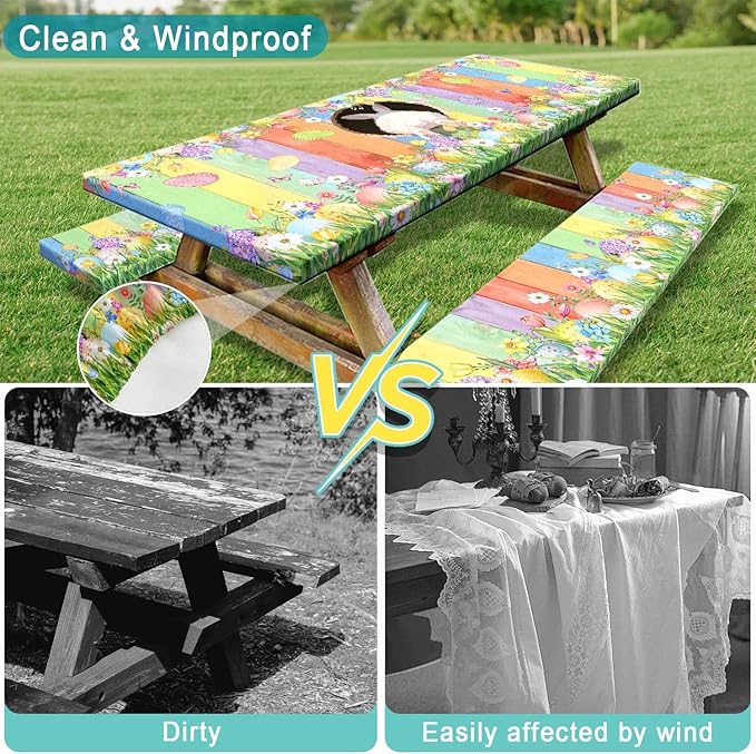 Easter Picnic Table Cover with Bench Covers, Cute Bunny Flower Colorful Wooden Board Camping Tablecloth, Waterproof Windproof, Fitted Tablecloth Cover with Elastic Edge, for Outdoor, 3 PCS, 30x72 Inch