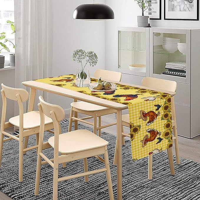 Farm Rooster Table Runner, Retro Western Farmhouse Chicken Sunflower Retro Yellow Buffalo Grid Print Table Runner for Dinning Holiday Party Indoor Outdoor Decor, 13x36inch