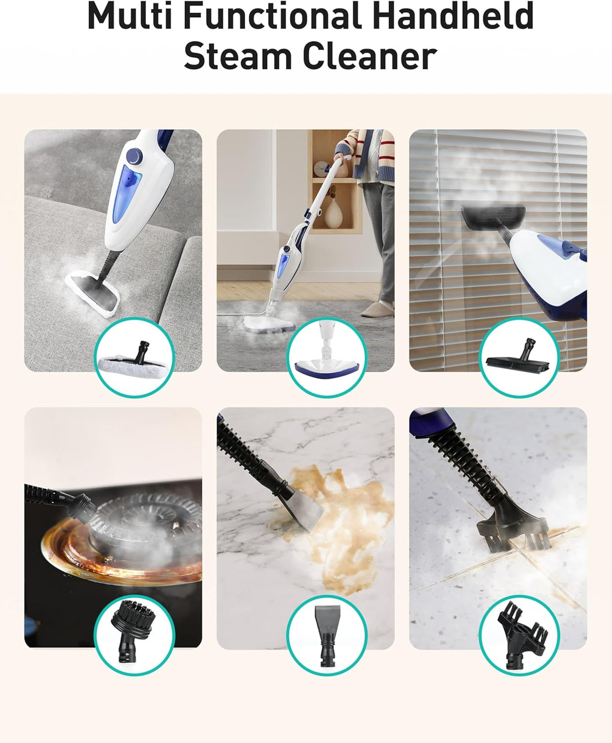 12-in-1 Steam Mop, Fast 15-Sec Heat-Up, 1500W Detachable Handheld Steam Cleaner with 2 Dirt Grip Pads, Removes 99.99% Stubborn Stains for Hardwood Floors, Clothes, Windows, Tiles, Furniture, Blue