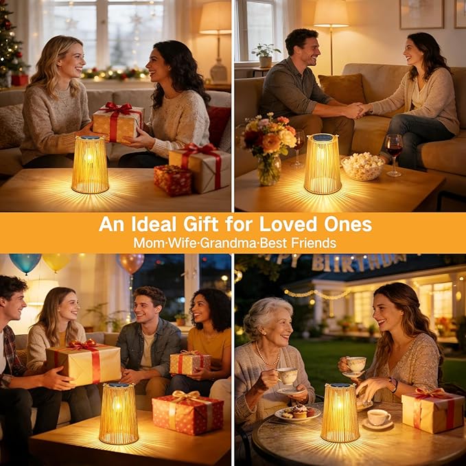 2 Pack Solar Lanterns, Outdoor Waterproof Hanging Rattan Woven Solar Lights with Auto On/Off, Decorative Gifts for Mom, Garden, Yard, Patio, Tree, Porch, Lawn, Pathway Outside Tabletop Decor