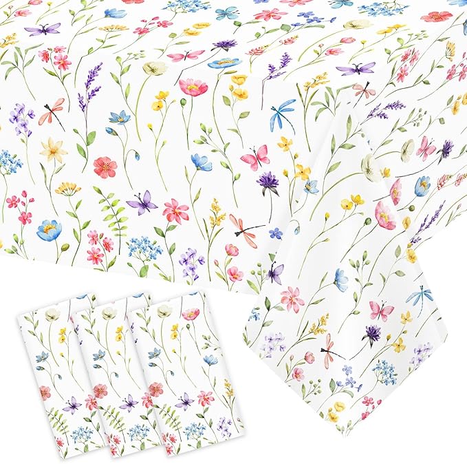Homanu 3 Pack Wildflower Party Decorations Tablecloths, Large Size 54 X 108 Inch Rectangle Floral Tablecloth Plastic Table Cover for Birthday Party Baby Shower Decorations