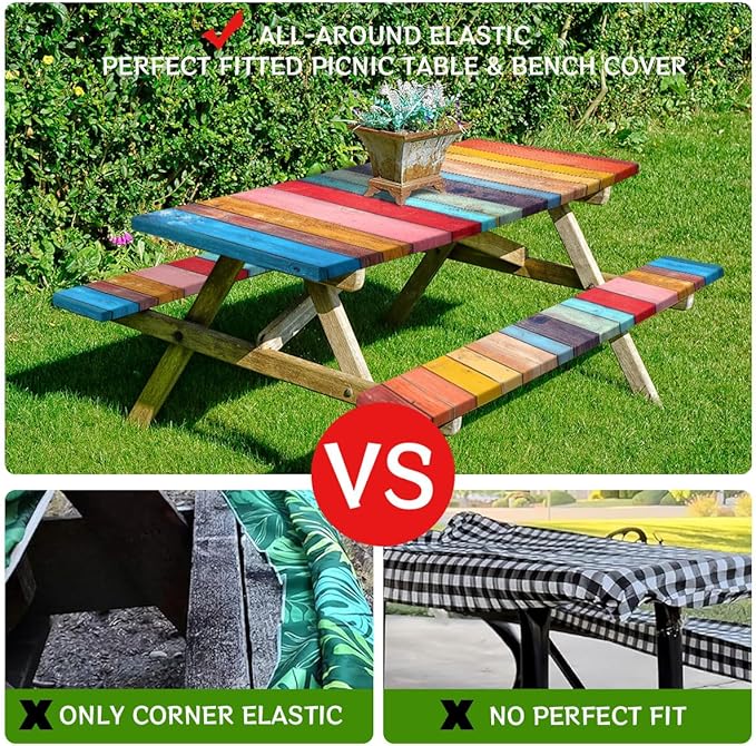 Wood Vintage Picnic Table Cover with Bench Covers and Carrying Bag, Retro Abstract Wood Texture Rectangle Table Cover Outdoor Patio Camping Essentials 72 inch 4PCS Camping Fitted Tablecloth