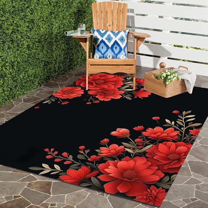 Botanical Floral Pattern 3x8 Outdoor Rug for Patio Deck Camping Balcony Porch Garden Backyard Flower Print Large Carpet Black Red Soft Waterproof Non Slip Outside Mat
