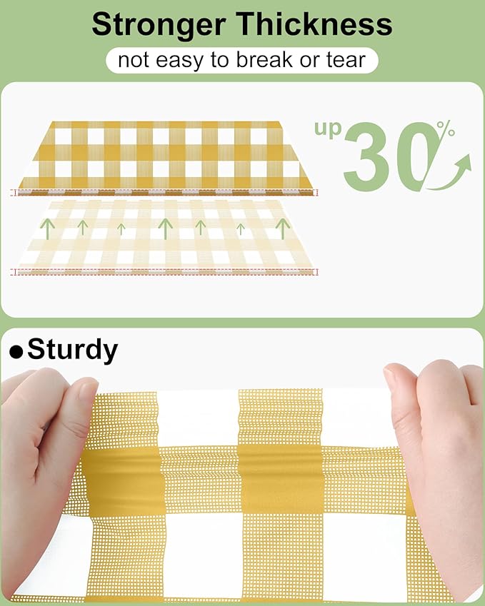 Smiry 12 Packs Gingham Disposable Table Cloth, 54 x 108 Inch Waterproof Plastic Tablecloth, Rectangle Gold and White CheckeGold Table Covers for Picnic, Birthday, Party