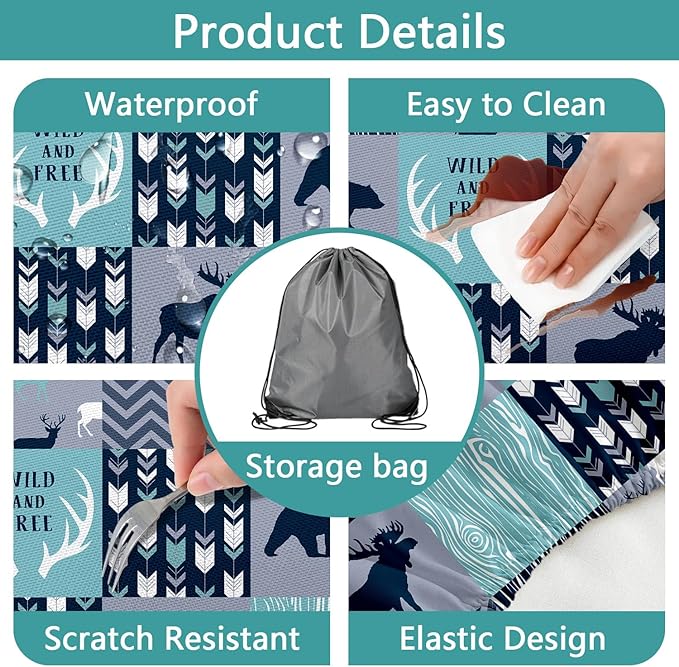 Picnic Table Cover with Bench Covers, Camping Essentials, Rustic Cabin Deer Bear Stripes Waterproof Windproof Patio Table Cover, Fitted Tablecloth Cover with Elastic Edge for Outdoor 3 PCS 30x96 Inch